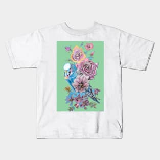 Blue Budgie and Rose Watercolor Painting on Green Kids T-Shirt